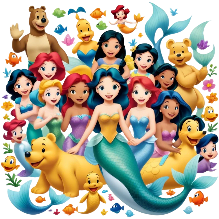 Icon for Animated Characters: A colorful, large-scale collage of beloved cartoon characters, including Goofy, Mickey Mouse, Winnie-the-Pooh, Ariel the Little Mermaid, Jasmine, and others. Bright and vibrant, full of whimsical charm. Transparent background. emoji