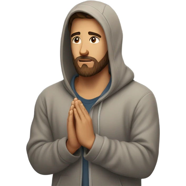 Handsome man with brown hairs and 3 days beard wearing a hoodie as he is praying emoji