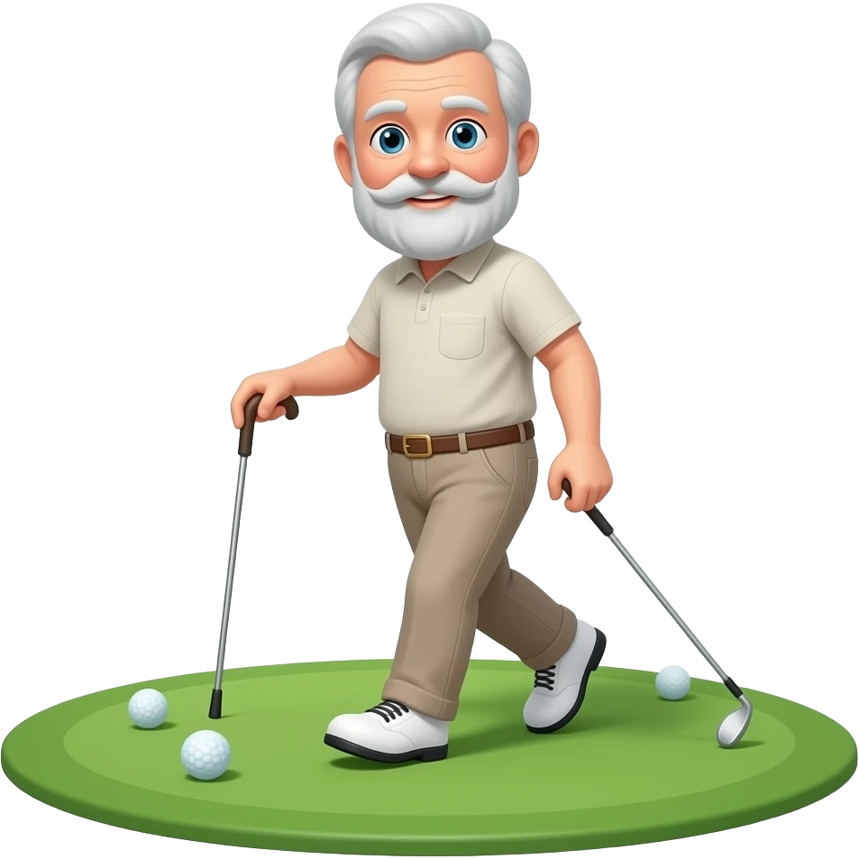 Bald old man with a beard walking the golf course with a cane and golf club emoji