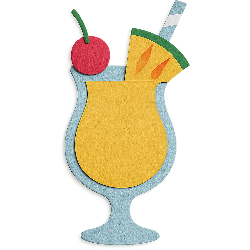 pina colada glass with a cherry, pineapple wedge, and paper straw, vibrant colors in paper-craft style emoji