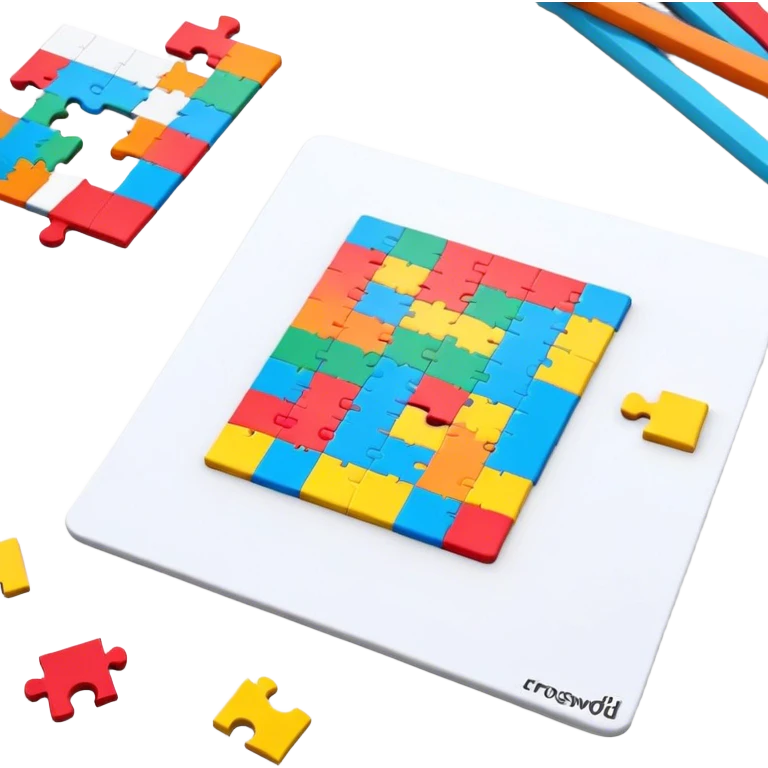 A colorful puzzle piece, a crossword magazine, a 3D puzzle, and a partially completed puzzle picture on a table. Bright colors, minimalist design, modern style. Transparent background, suitable for puzzles and brain games. emoji