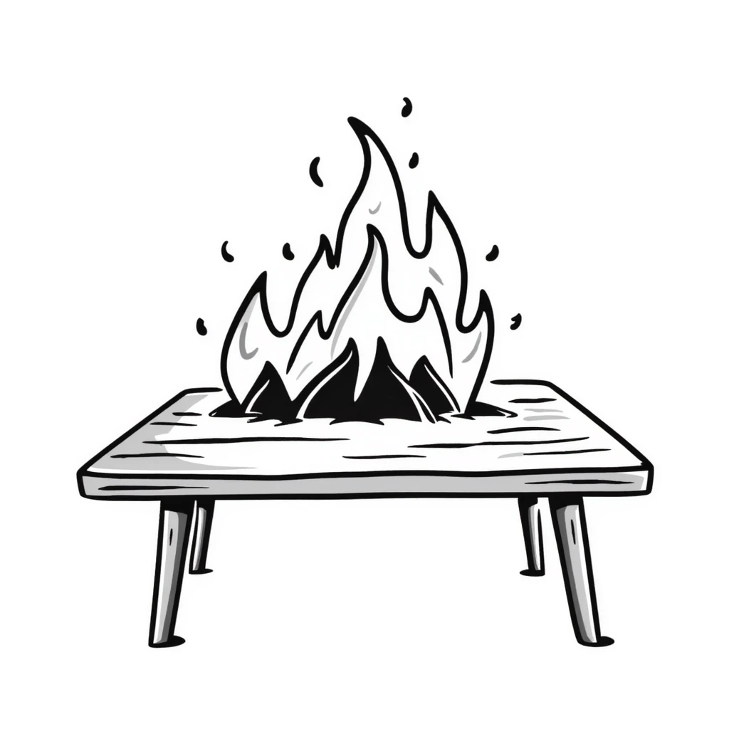 a table in flames, hand drawn doodle style emoji
