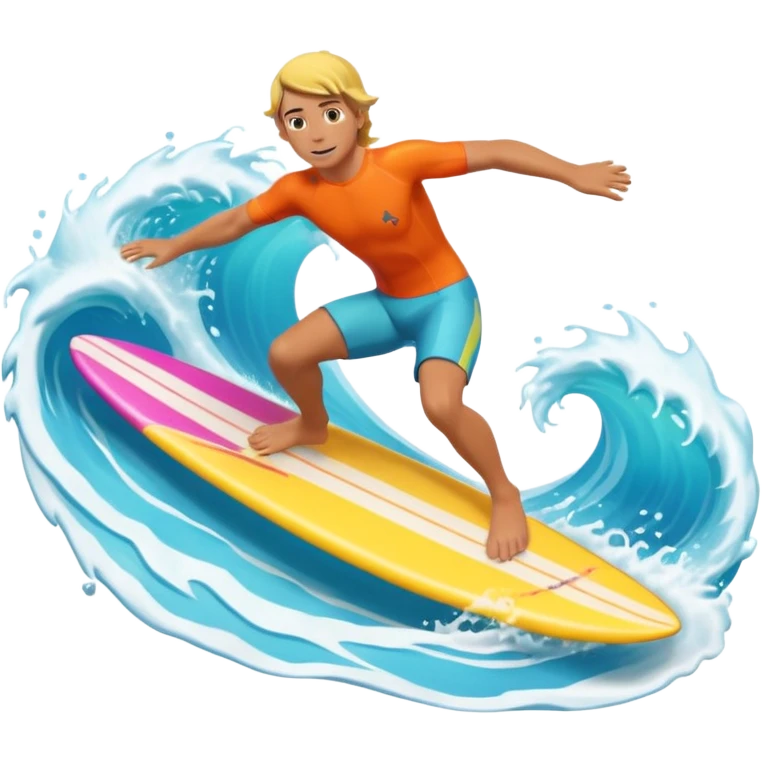cute surfer riding big ocean waves, dynamic action pose, splash water, colorful surfboard, tropical vibe, 3D cartoon, mobile game icon style, bright colors, soft shadows, clean background, no text, no watermark emoji
