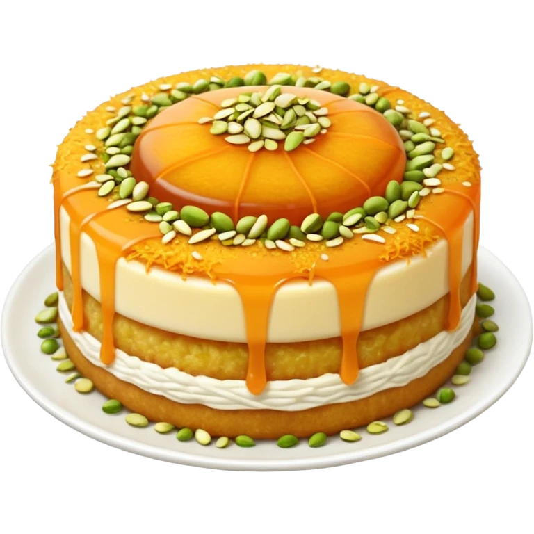 A small round emoji of traditional kanafeh with golden-orange crispy threads, a gooey white cheese center, and a light sprinkle of green pistachios. Warm and delicious-looking. emoji
