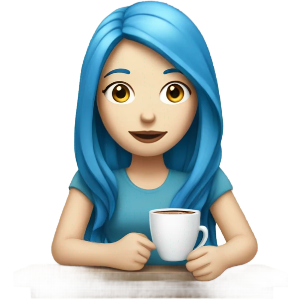 white skin girl with blue long hair drinking coffee emoji