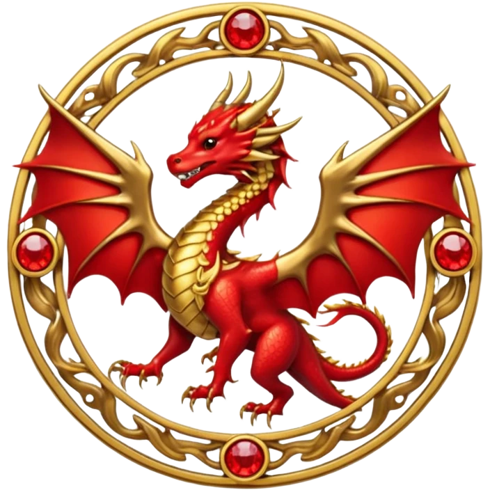 Golden dragon with wings crest / brosch in a circle with red gems and no background emoji