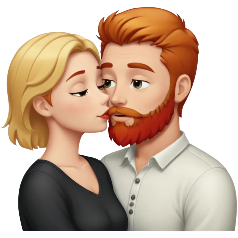 Girl with short brown hair kissing man with blonde hair and red beard. emoji