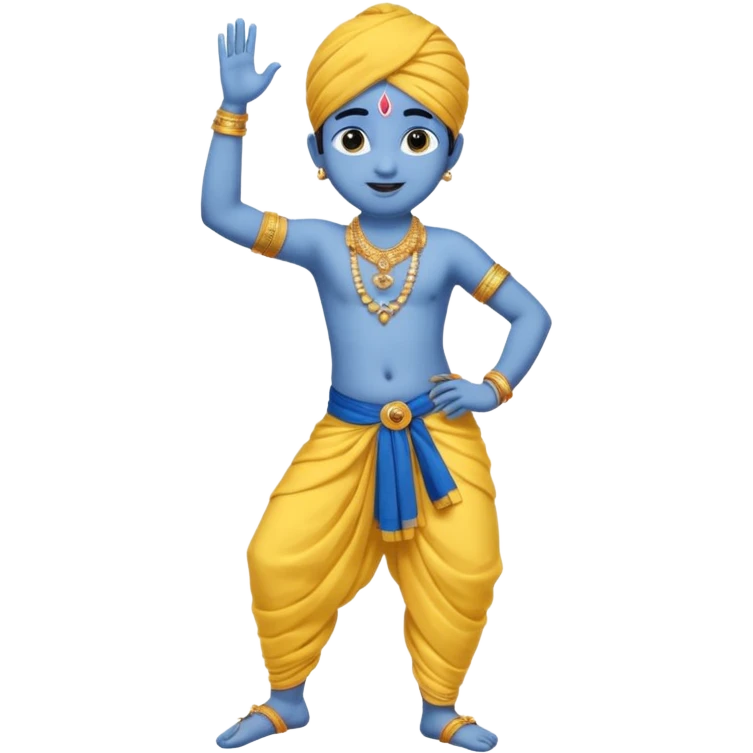 Kid Krishna, dancing, wearing yellow dhoti, blue skin emoji