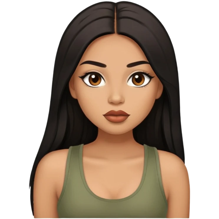 light brown skin tone, very beautiful woman, with big plump lips, long long lashes, black straight long hair, brown eyes, sage tank top emoji
