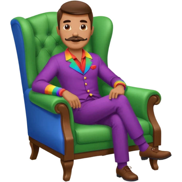 gay man rgb outfit, long chair, mustache emoji