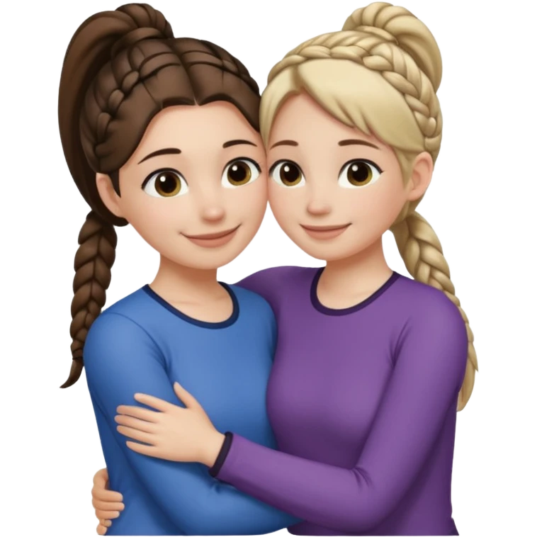Comforting Hug two white skin women, one shorter woman with medium brown simple top ponytail, not braided, and one taller woman with a single long black side braid emoji