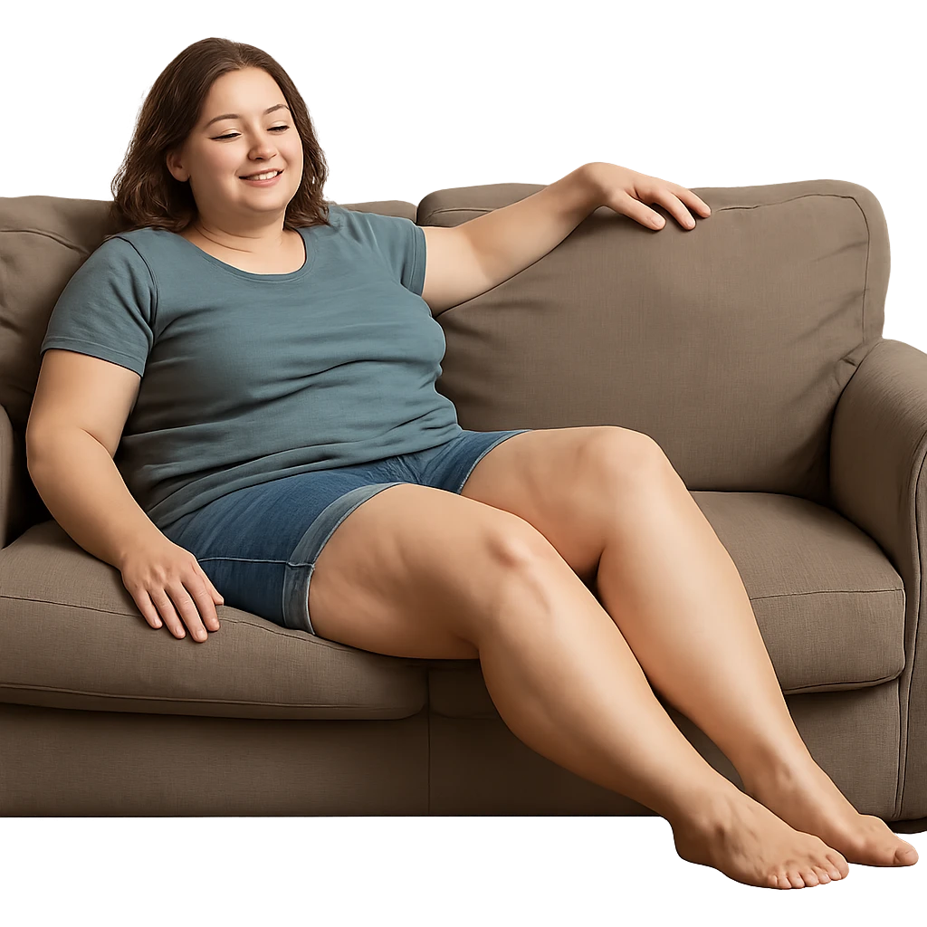 hyper realistic 4K woman relaxing on a sofa, fat on thighs and legs, normal physique, domestic atmosphere, realistic details emoji