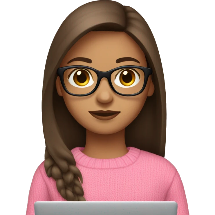 Girl with straight brown hair and black glasses frame and in pink sweater working behind laptop emoji