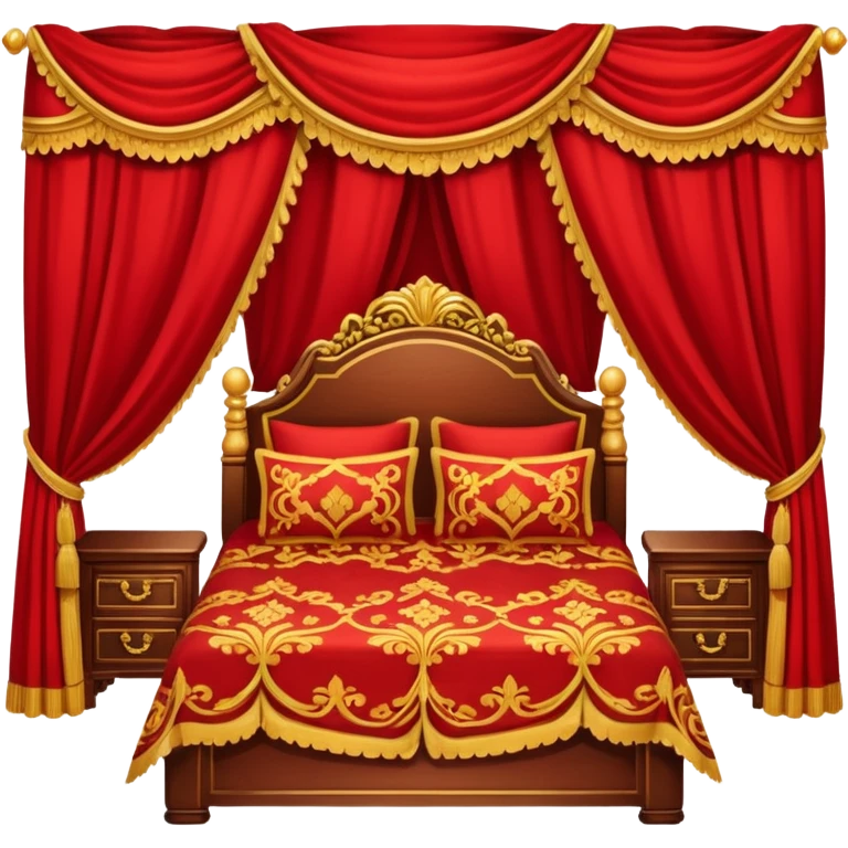 bed with red and gold sheets, wooden, red courtains emoji
