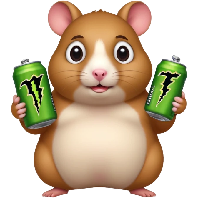 Funny cartoon-style fat hamster wide eyed holding a can of monster energy in one hand and redbull in the other hand emoji