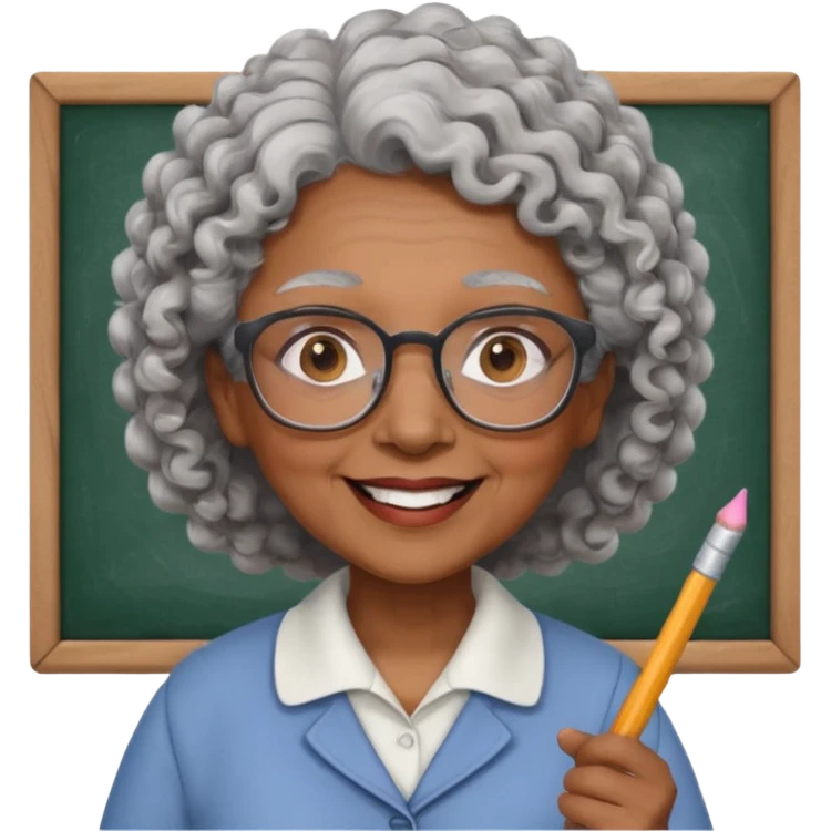 old woman teacher, brown skin, curly grey white hai, wearing glasses, hold chalk on hand emoji