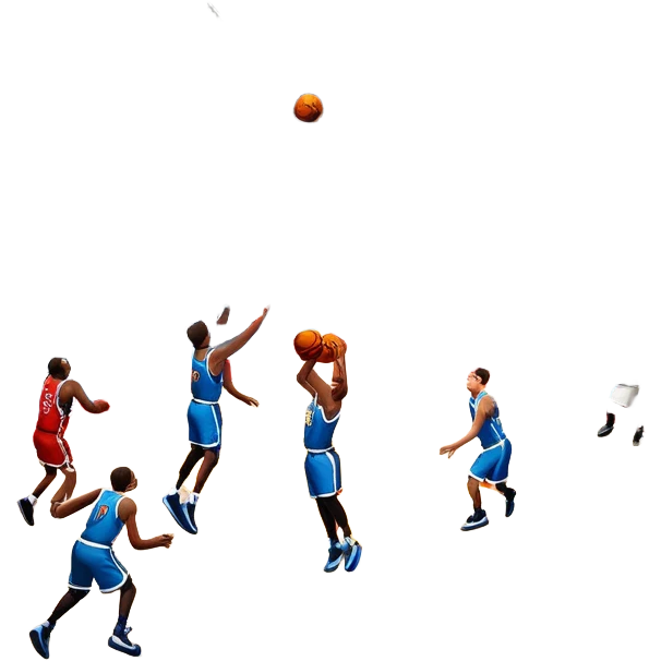 An icon showing a basketball court with players in action, inspired by NBA 2K25. A player jumps for a dunk, the ball mid-air, with the court’s floor and surrounding basketball arena visible. Bright lights highlight the excitement of the game. Transparent background. emoji