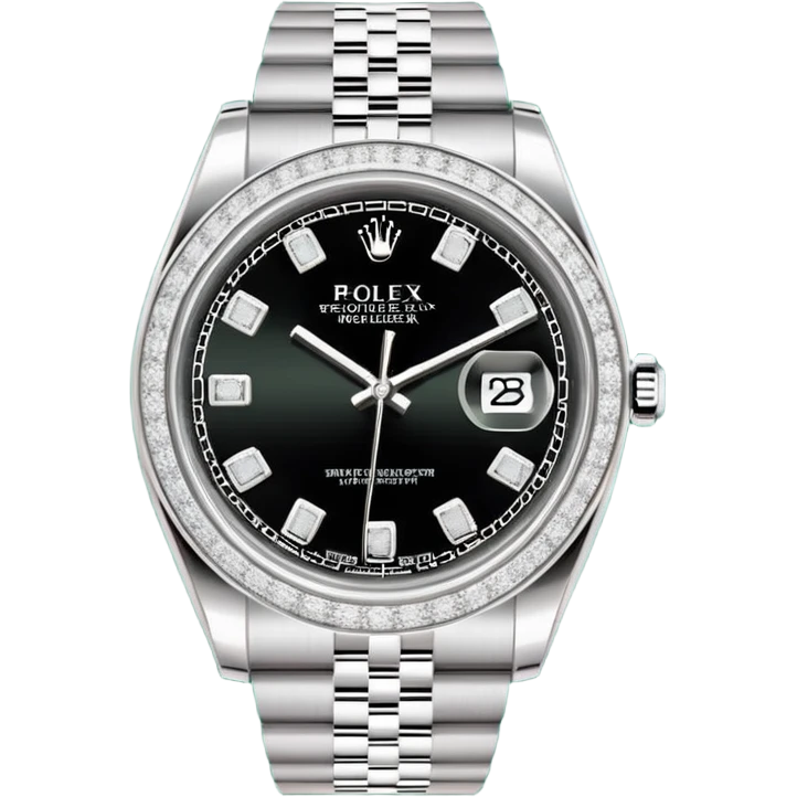 "Flat design emoji icon of a luxury silver Rolex Datejust watch, fully iced out with diamonds on the case and Jubilee bracelet, diamond pavé dial with black Roman numerals, isolated on a green circular background, clean vector style, high resolution." emoji