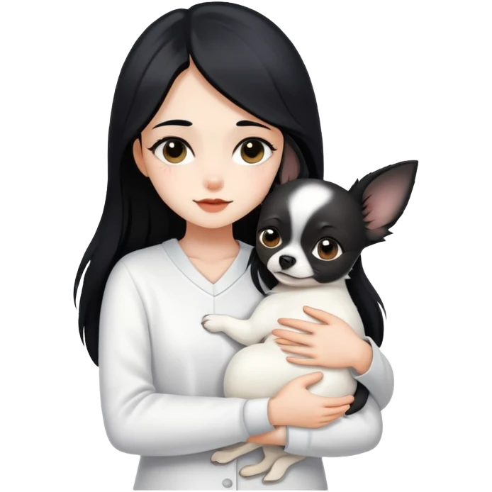 Fair skin girl - long black hair - white clothes - hugging a black chihuahua emoji