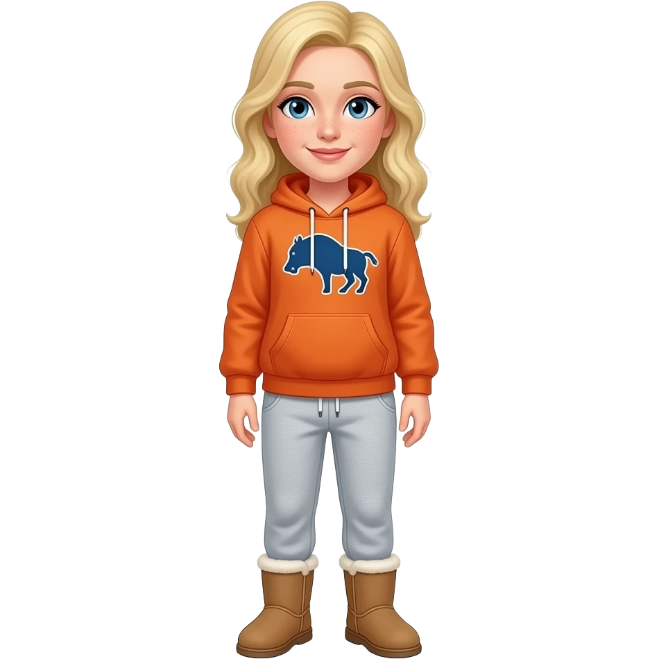 I have blonde hair with sweat pants and a bronco hoodie on with blue eyes and freckles wearing uggs emoji