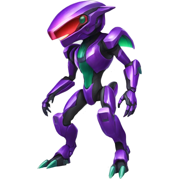 a shiny purple-green-red Genesect-Raptor-Fakémon—hybrid with a futuristic visor-helmet full body emoji