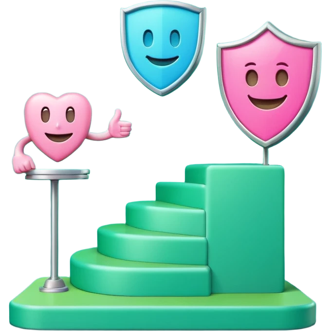 Minimalist 3D emoji-style podium with 2 steps on a green chroma key background. Step 1 (higher) features a handshake icon with blue neon glow. Step 2 (lower) features a smiling tooth with a shield icon and pink neon glow. Clean rendering, soft colors, uniform lighting. emoji