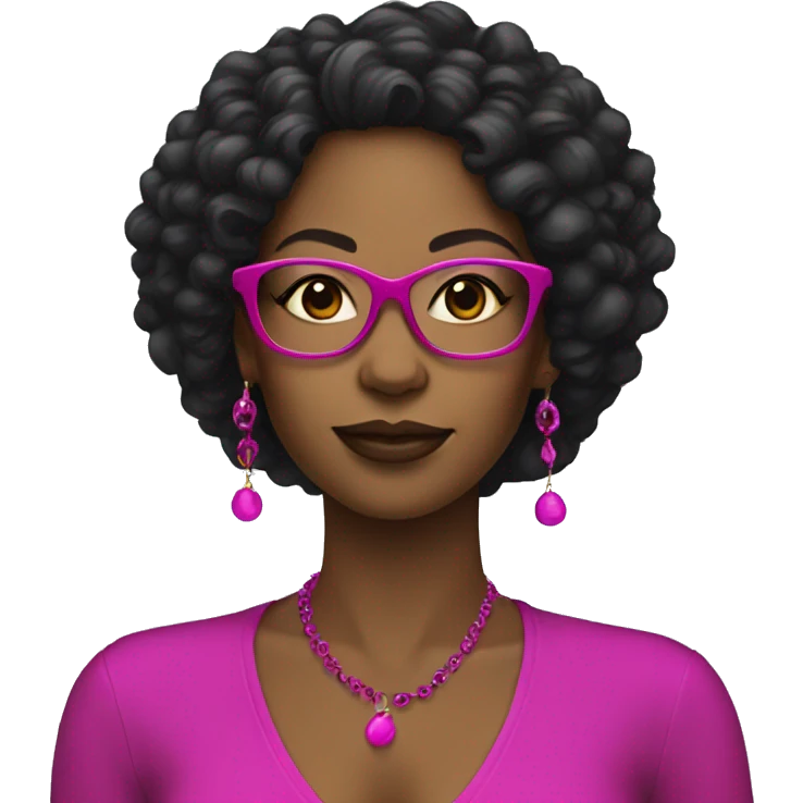 black women with earrings with fuchsia glasses with long black curly hair emoji