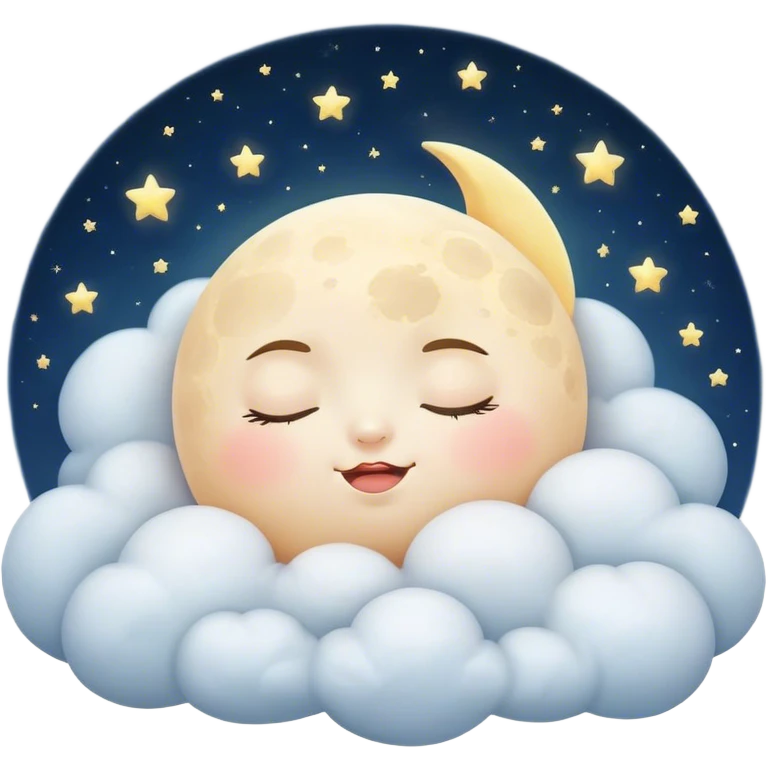 Cinematic adorable moon with a sleepy face, round and chubby, soft glowing light, tiny rosy cheeks, resting on a bed of fluffy clouds, dreamy and peaceful. emoji