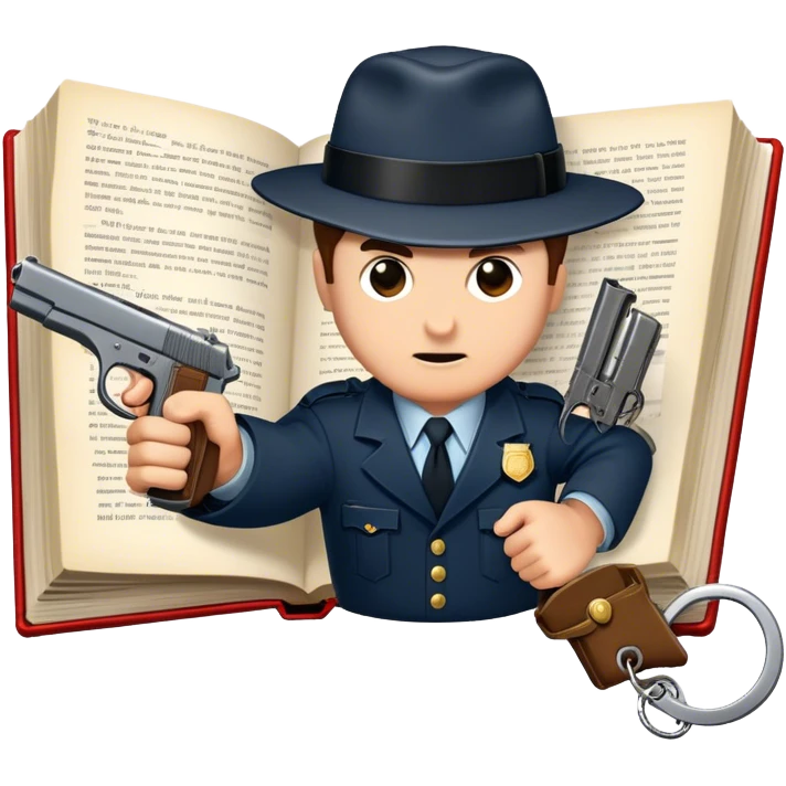 Icon for Action & Crime Reading: an open book with action-packed scenes, featuring a gun, handcuffs, a detective's badge. The icon should capture the tension and excitement of crime and action stories. Transparent background. emoji