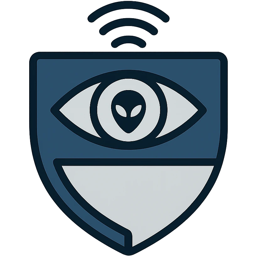 intelligence agency-style logo for extraterrestrial intelligence search, with a shield shape, stylized eye, radio waves, and subtle alien motif, in dark blue and silver emoji