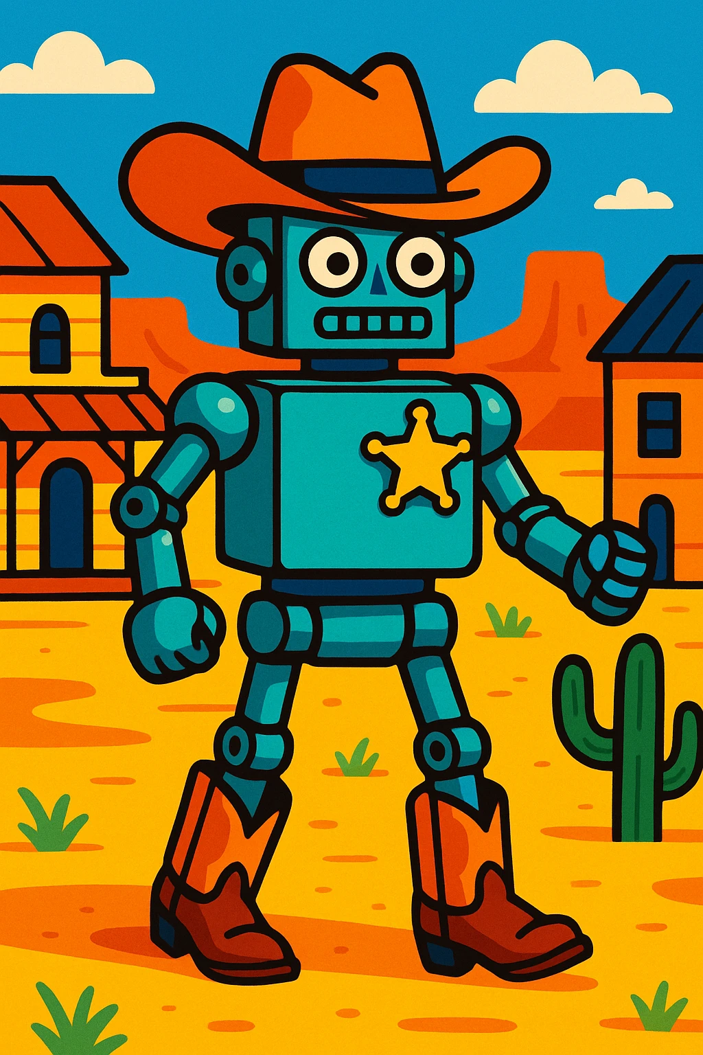 robot sheriff with metallic body, wearing a star badge and cowboy boots, in a western setting, vibrant colors emoji