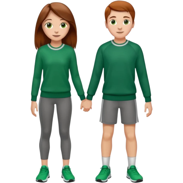 full-length happy couple, girl with long brown hair and hazel eyes in green sweater, boy with auburn hair in sportswear emoji
