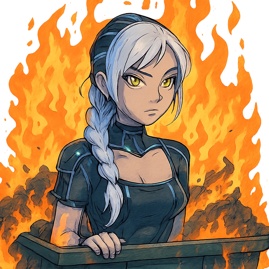 she is poking out from a garbage dumpster, fire, garbage fire, everything is on fire, a closeup portrait of young woman with gold yellow eyes, white hair, long braid, black off-shoulder top d-cup, punk gothic style, futuristic cyberwave cyberpunk, emoji
