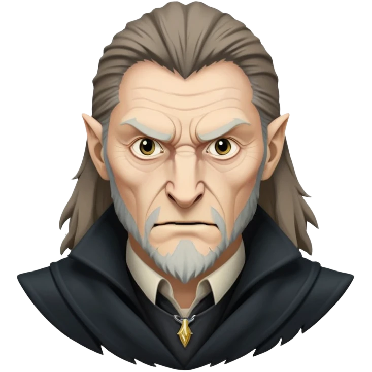 Fenrir Greyback in harry potter, black open chest coat, wolf face, pointed ear emoji