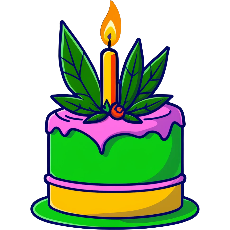 Festive birthday cake with cannabis leaf decorations and birthday candles emoji