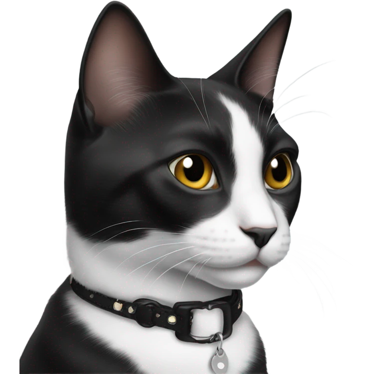 Black and white cat wearing a collar with the name Rue emoji