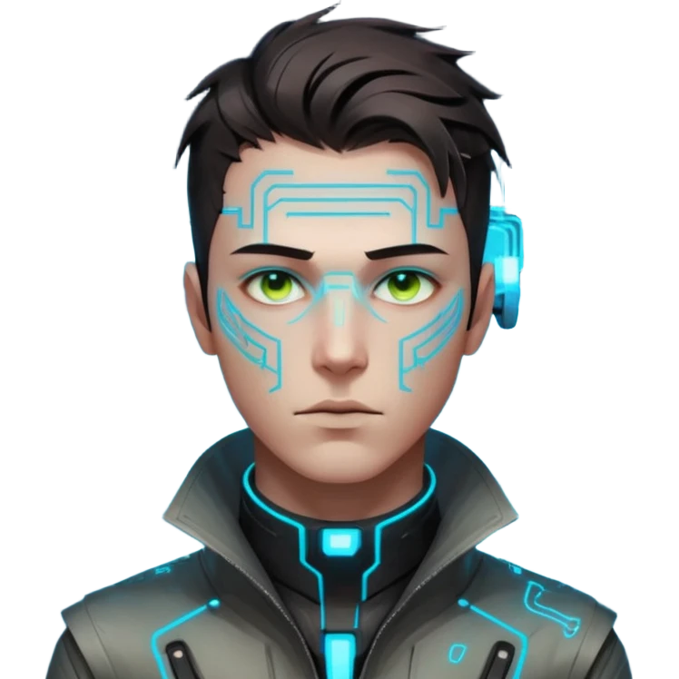 Cyberpunk male head, messy dark hair, glowing circuit patterns tracing from neck to temple, eyes reflecting shifting neon code, clean-shaven, futuristic minimalist aesthetic. emoji