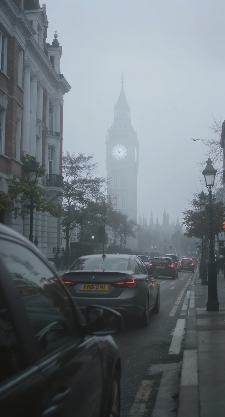 Cinematic shot of a london street, cloudy foggy day, soft light, leading lines to big ben in distance, multi composition, in foreground blurred car, on second street around UK bulding, od another plan in distance big ben, birds flying, artistic look, captured on arri alexa 35 emoji