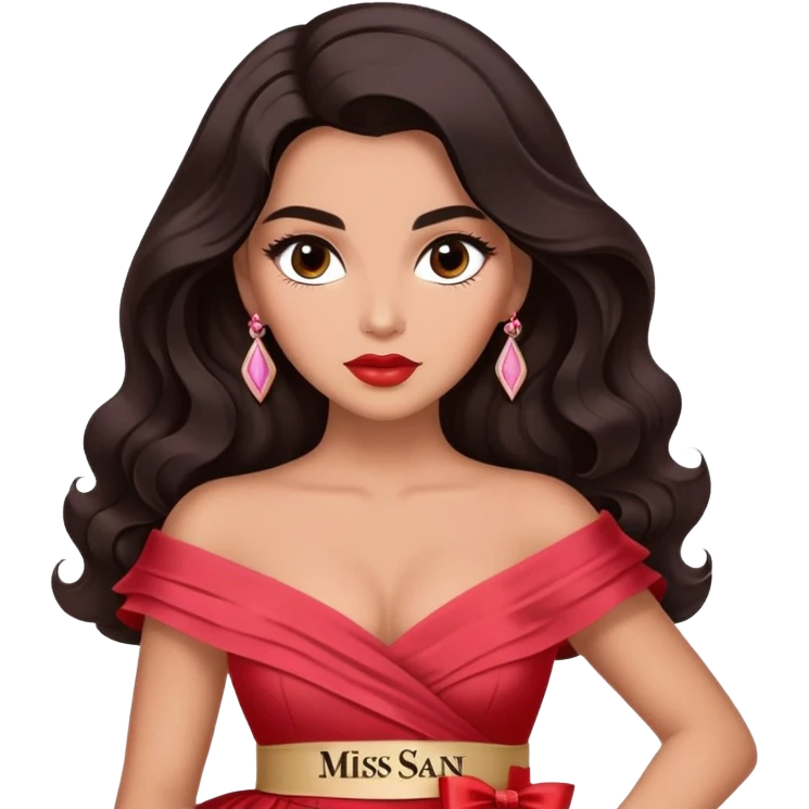 A woman with canela-toned skin, dark voluminous hair in waves, expressive eyes with soft lashes and shimmer, full lips with a glossy nude-pink color, wearing a red dress and a white sash with “Miss San Juan” in black letters, exuding elegance and confidence emoji