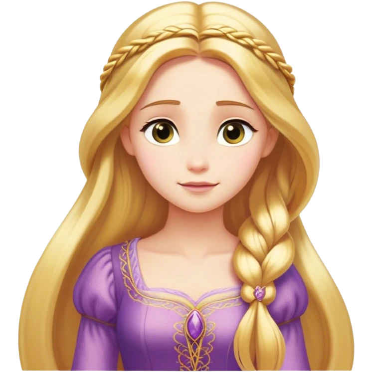 Cinematic Serene Rapunzel Portrait Emoji, rendered in a simplified vector style. Depict a gentle Rapunzel (chest and above) with delicate porcelain skin and long, shimmering golden hair, her expression calm and reflective, dressed in her traditional attire. The image is imbued with a soft, luminous glow and a subtle glowing outline. emoji