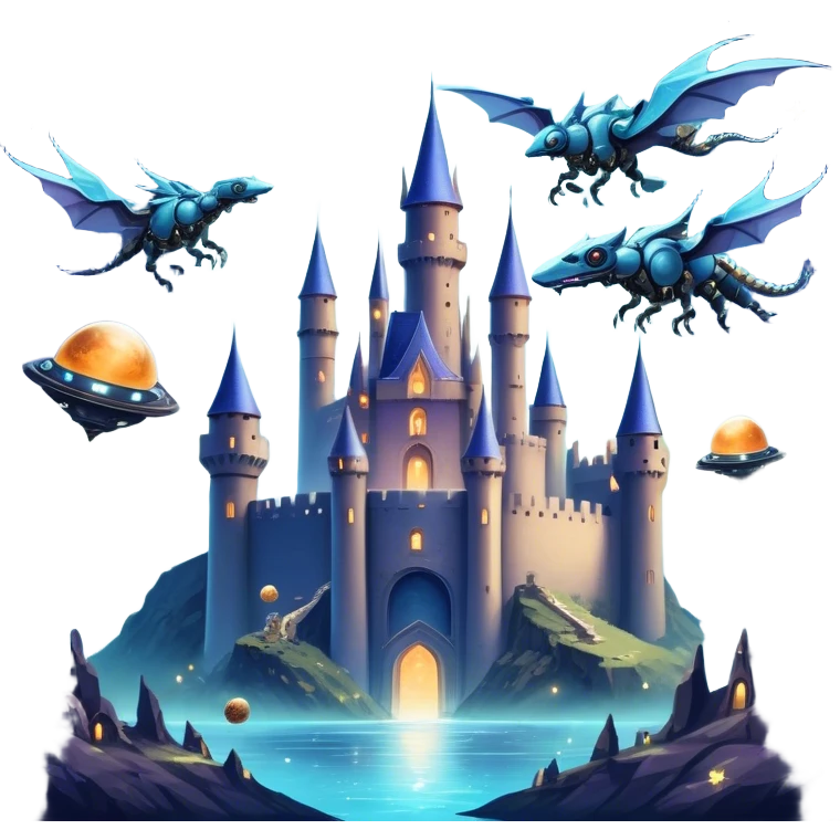 Icon for Fantasy and Sci-Fi Movies: A magical collage with flying dragons. futuristic spaceships and UFOs. Stars and planets shimmer in the background with a mystical castle Hogvards an ancient wizard and robots. The atmosphere is epic, otherworldly and adventurous. Transparent background. emoji