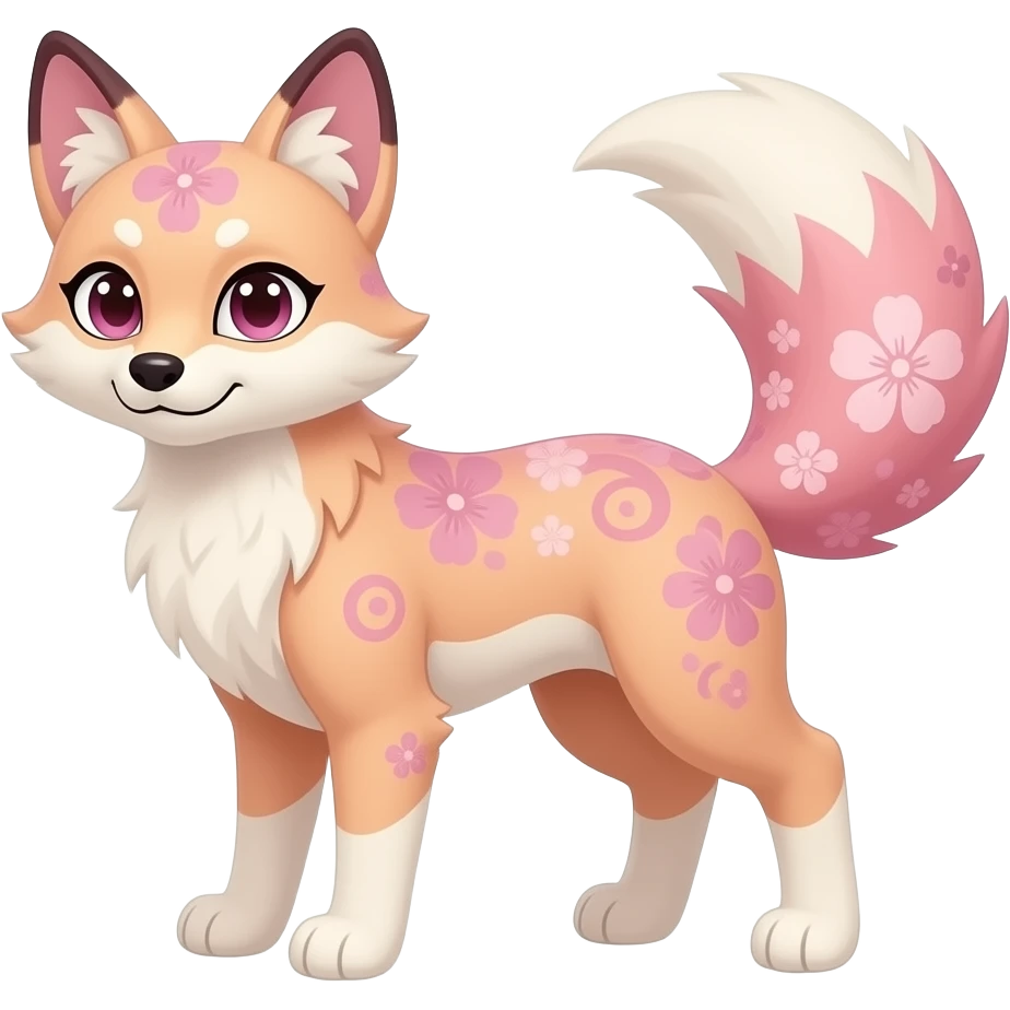 Realistic pretty elegant sophisticated soft beautiful Anthropomorphic bipedal digitigrade Pastel beige and pastel Sakura-pink fox furry-Falvie-Fionbri-fursona with floral swirly markings and white spot markings, 2 legs, modern, sophisticated emoji