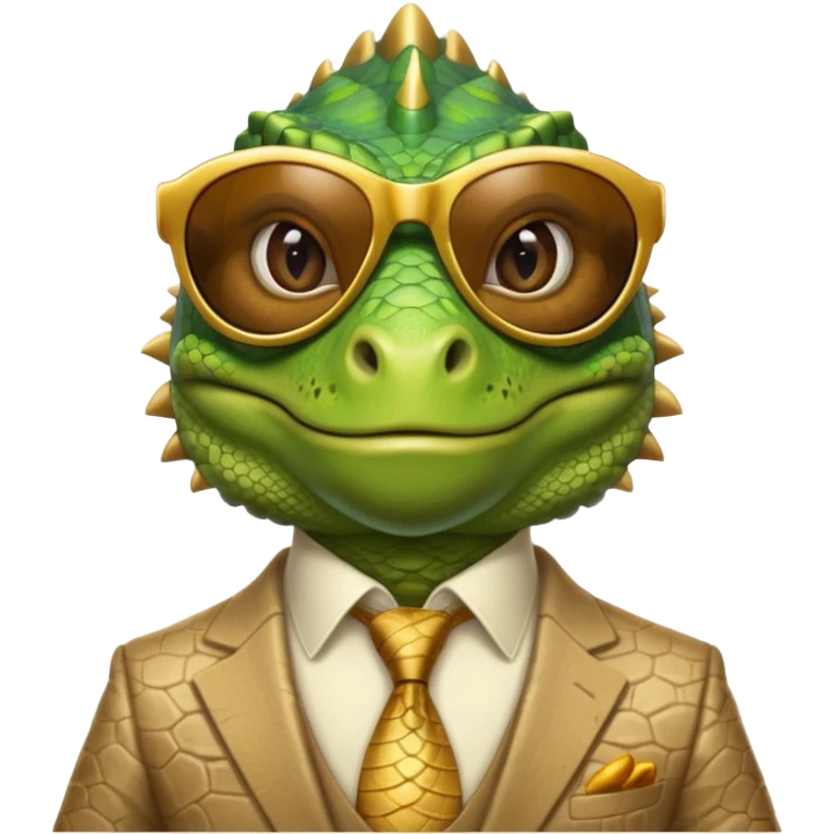 rich capitalist iguana head with golden glossy sunglasses emoji