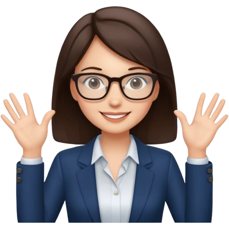 a cute brunette girl in a business casual attire  wearing glasses  with two hands  emoji