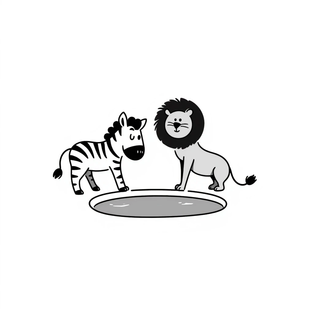 zebra and lion drinking water from pond emoji