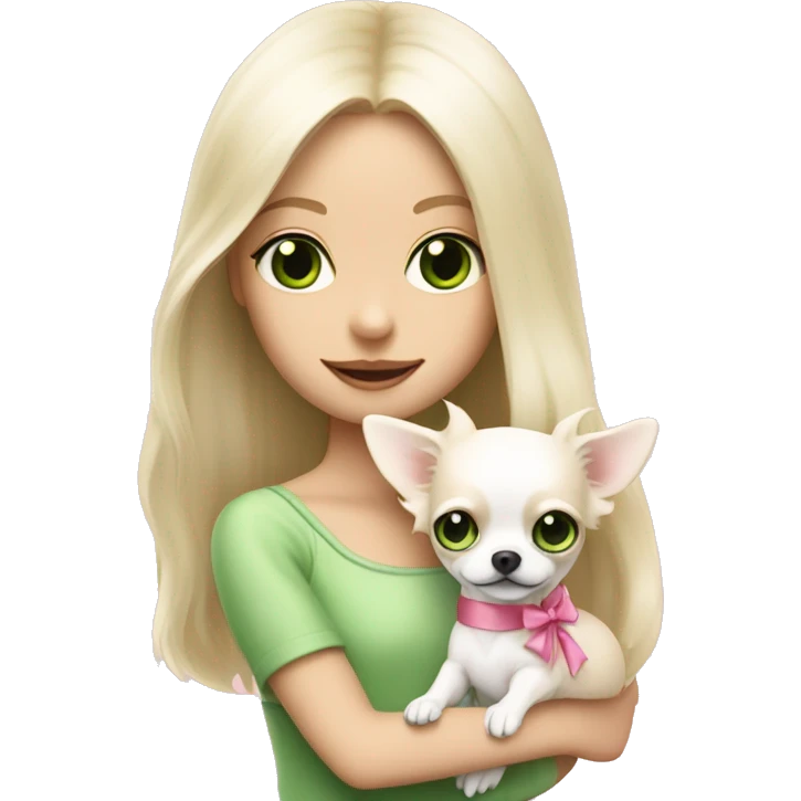 pale blond girl with long platinum hair with green eyes holding a white chihuahua puppy that wearing a pink bow emoji