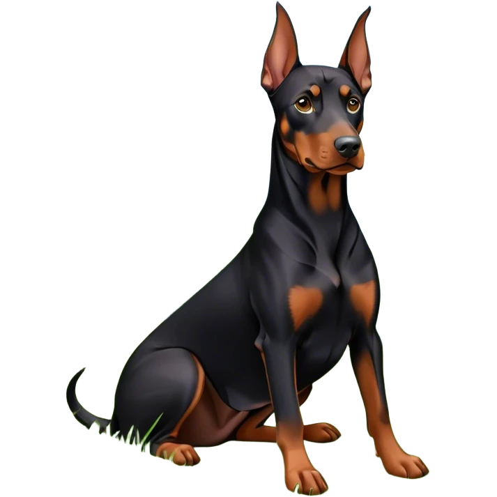Close-up of a Doberman Pinscher sitting on lush green grass, looking alert and majestic. The background features a beautiful, serene nature view with rolling hills and bright blue skies. The dog’s sleek black and tan coat shines under the sun. Transparent background. emoji