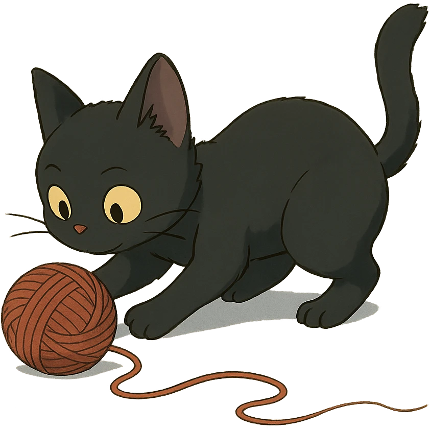 a young black cat playing with a ball of yarn, ghibli style emoji