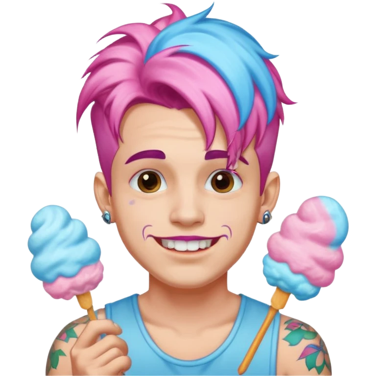 happy colorful haired man made out of cotton candy with braces and tattoos and just face not holding anything emoji