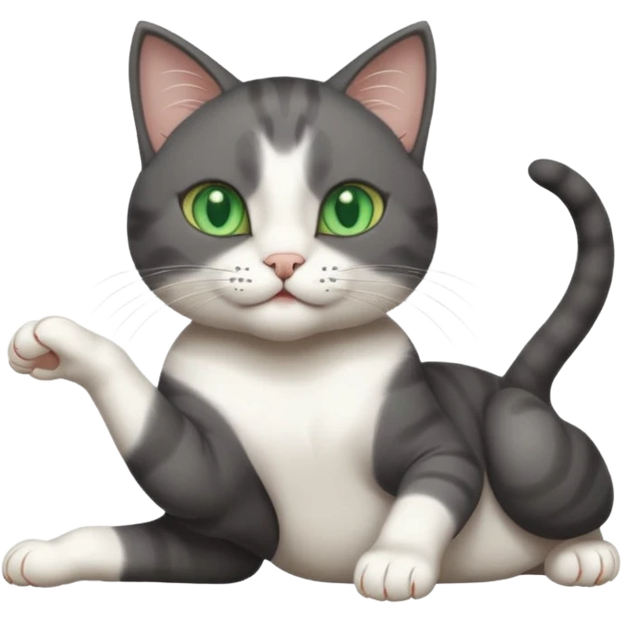 beautiful female solid dark grey cat with green eyes, white toes/paws and white patch on her chest playfully rolling upside down emoji
